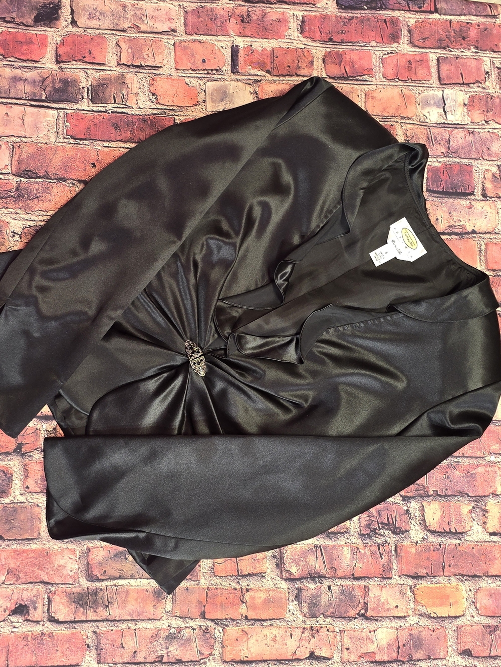Talbots Black Satin Blouse Ruffle SILK VinTaGe Gothic ELeGance Small Brooch